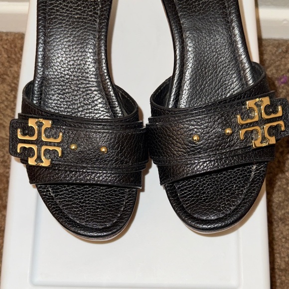 Tory Burch Black and Gold Wedge Sandals - Picture 9 of 10